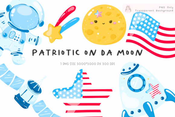 Astronaut and Moon Patriotic Clipart PNG: Elevating Seasonal Design with Kawaii Aesthetics