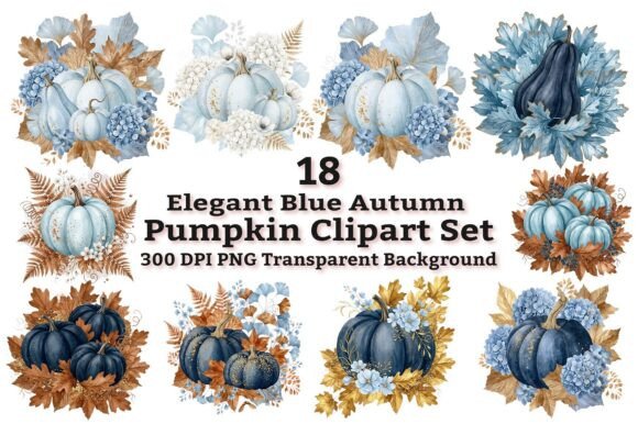 Elevating Seasonal Design with Elegant Blue Autumn Pumpkin Clipart