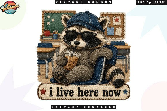 I Live Here Now Raccoon Patchwork PNG: Integrating Trendy Classroom Assets into Creative Workflows