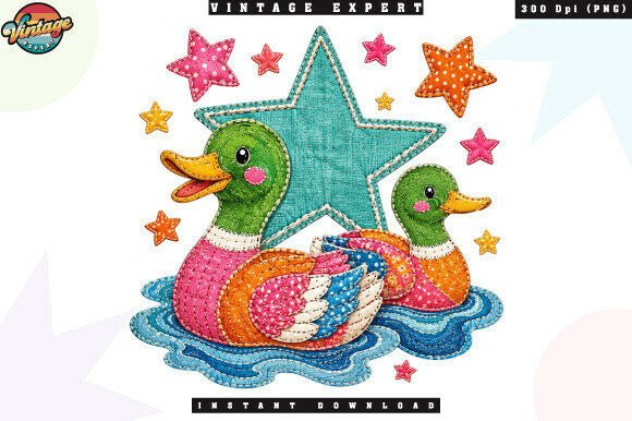 Retro Colorful Patchwork Ducks PNG Design