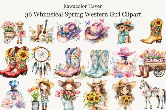 Whimsical Spring Western Girl Clipart: Bringing Country Charm to Your Creative Projects